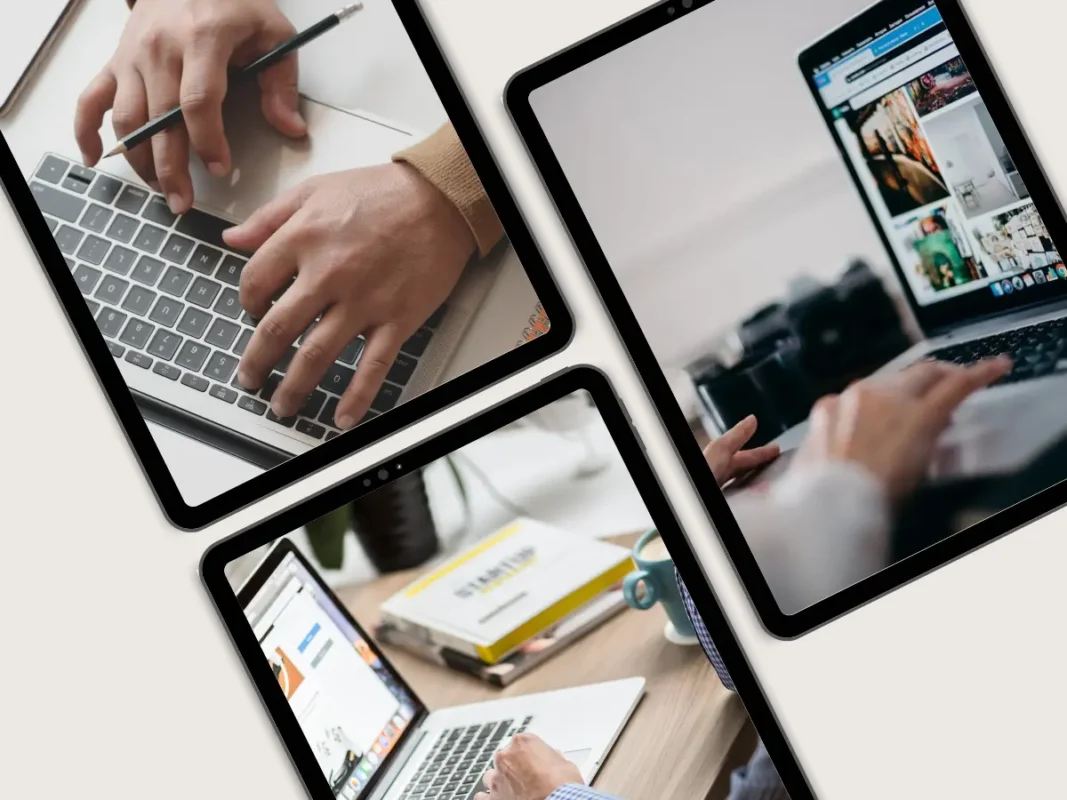 Close-up of web designers collaborating and developing custom website designs on multiple devices, reflecting LaunchPad Web Designs' professional approach to web development.