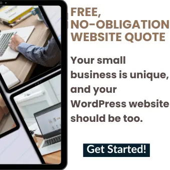 Tablet screen showing web design visuals next to promotional text offering a free, no-obligation website quote from LaunchPad Web Designs. Highlights include no hidden fees, mobile-friendly and SEO-optimized sites, fast turnaround, and available maintenance plans.