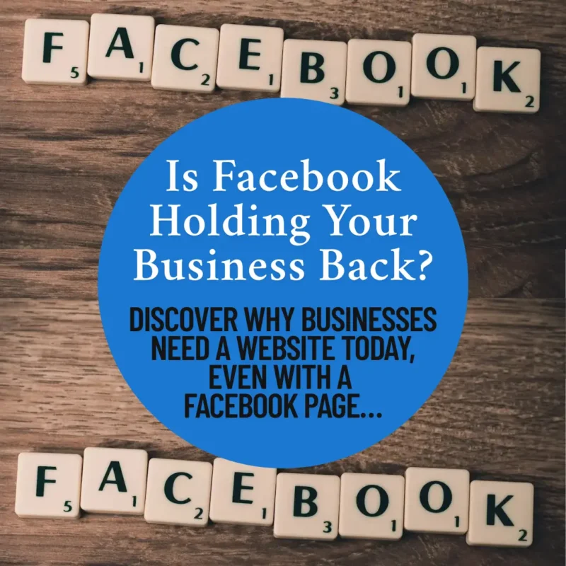 Scrabble tiles spelling 'FACEBOOK' at the top and bottom of the image, framing a blue circle with the question 'Is Facebook Holding Your Business Back?' This visual promotes a critical blog article from Launchpad Web Designs, explaining why your business needs a website for long-term stability and growth, even if you have a strong Facebook presence, empowering small businesses with independent online control.