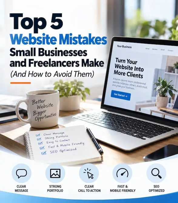 Five common small-business website mistakes covering unclear messaging, weak calls to action, missing proof, poor mobile performance, and weak SEO foundations.