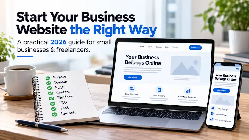 Small-business website planning workspace showing a laptop, mobile website, and checklist for purpose, domain, pages, content, SEO, testing, and launch.