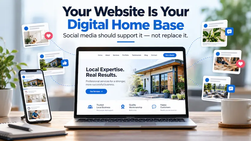 Business website shown as a central digital home base connected to supporting social media channels.