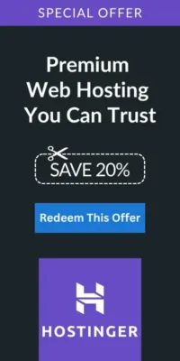 Hostinger banner promoting a special offer to save 20% on trusted, premium web hosting. Get reliable website hosting for your business or blog today