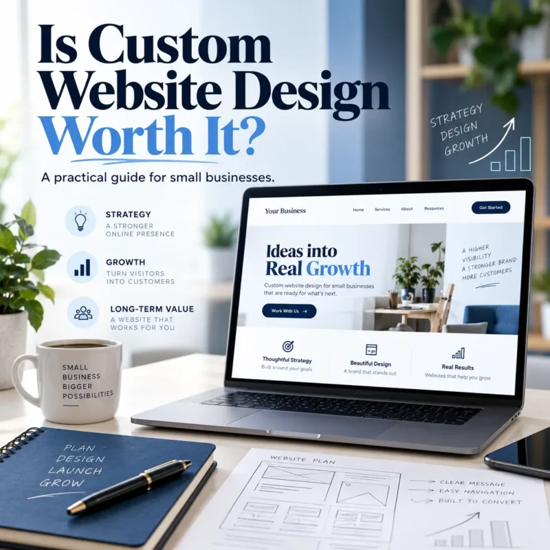 Is custom website design worth it for small businesses? Professional website displayed on a laptop with design strategy, branding, and growth planning elements.