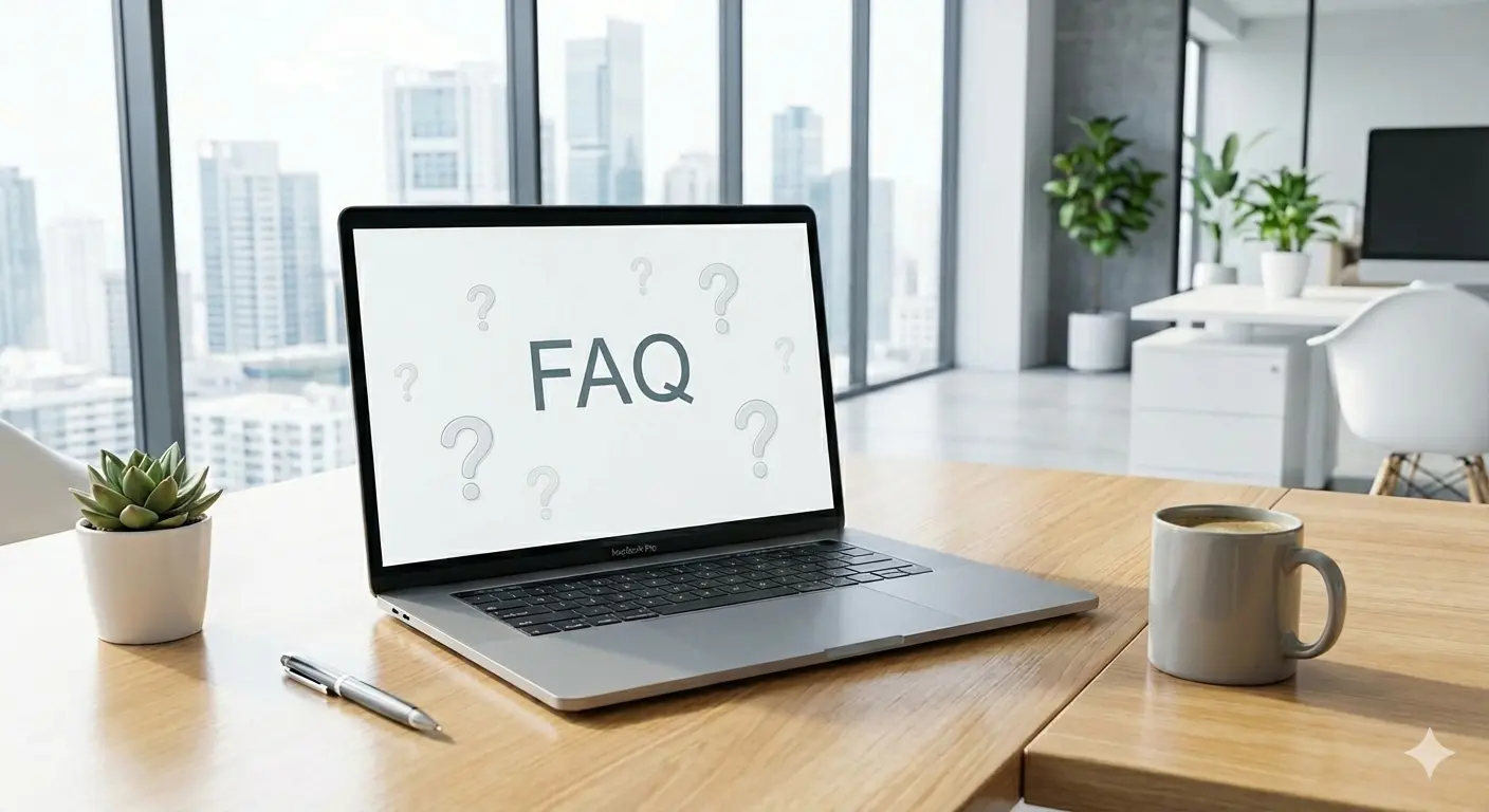 Image of a laptop on a desk showing FAQs on the screen.