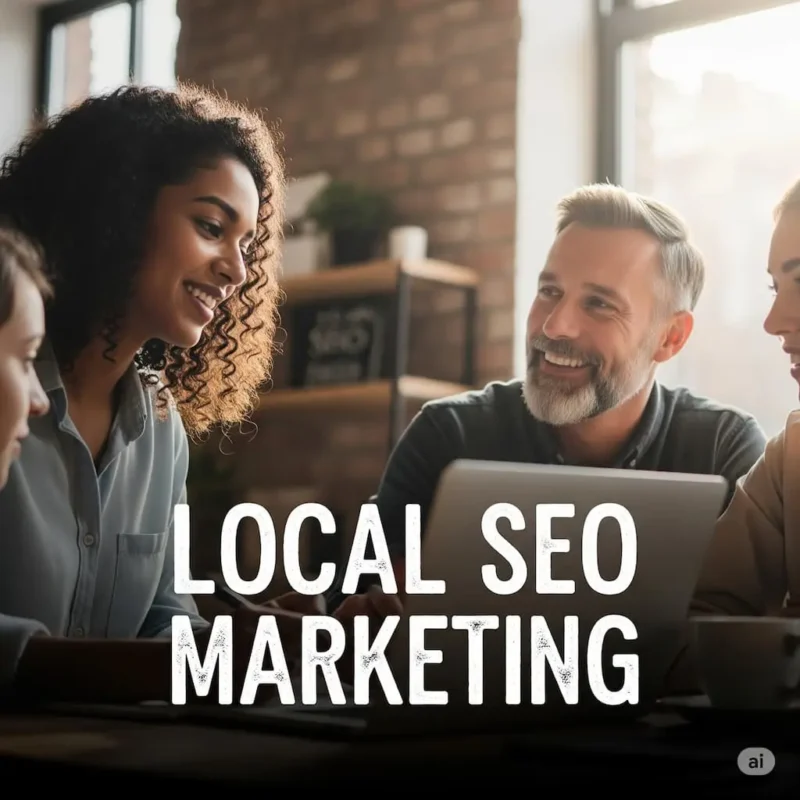 Four colleagues gather around a table in a modern office, smiling as they review strategies on a laptop. Bold text "Local SEO Marketing" highlights their focus on boosting local business visibility.