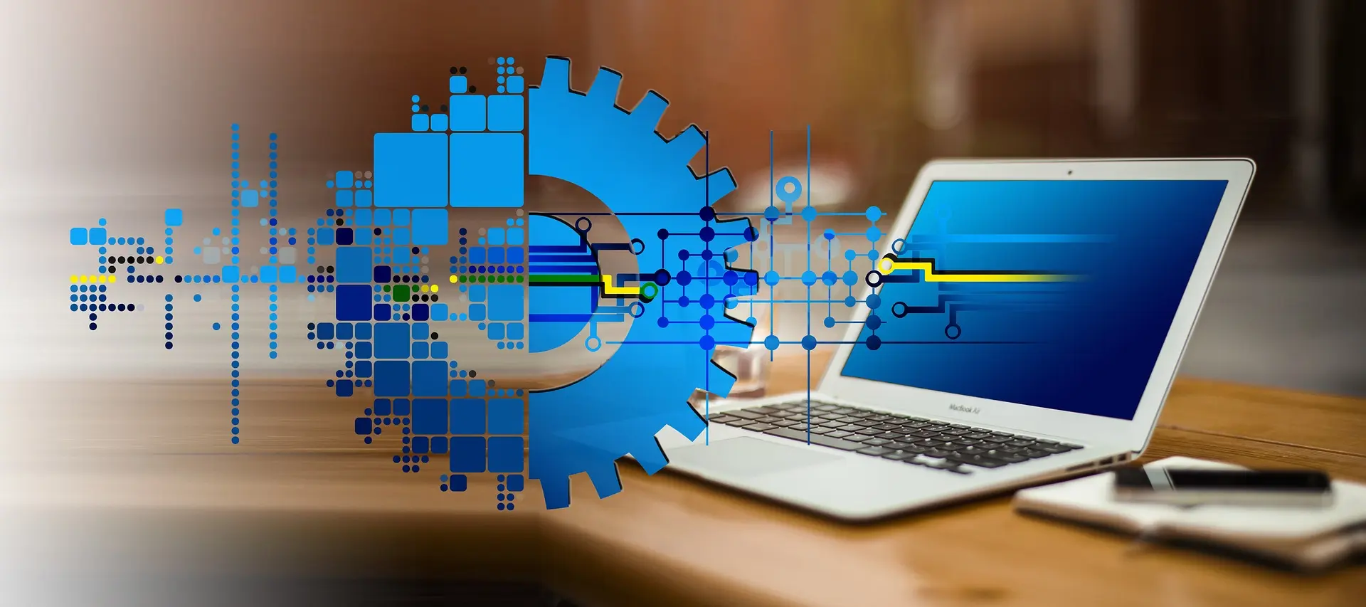 Close-up of a laptop with intricate blue digital graphics emanating from it, including gears, circuit board patterns, and glowing lines, symbolizing complex SEO services and digital strategy. This image represents Launchpad Web Designs' comprehensive SEO services for small businesses and freelancers designed to optimize online presence, improve search engine rankings, and drive organic growth.