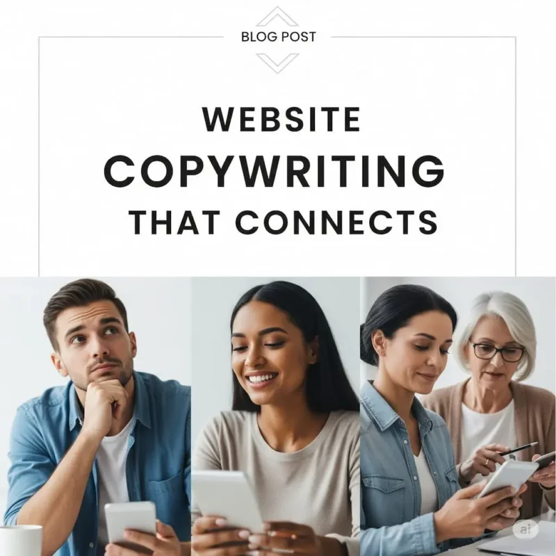 Blog post cover image for 'Website Copywriting That Connects,' featuring diverse individuals engaged with their mobile devices, symbolizing effective communication and connection with an audience. This image introduces 'Website Copywriting that Connects: A Guide for Small Businesses,' a resource from Launchpad Web Designs to help local businesses craft compelling website content that truly resonates.