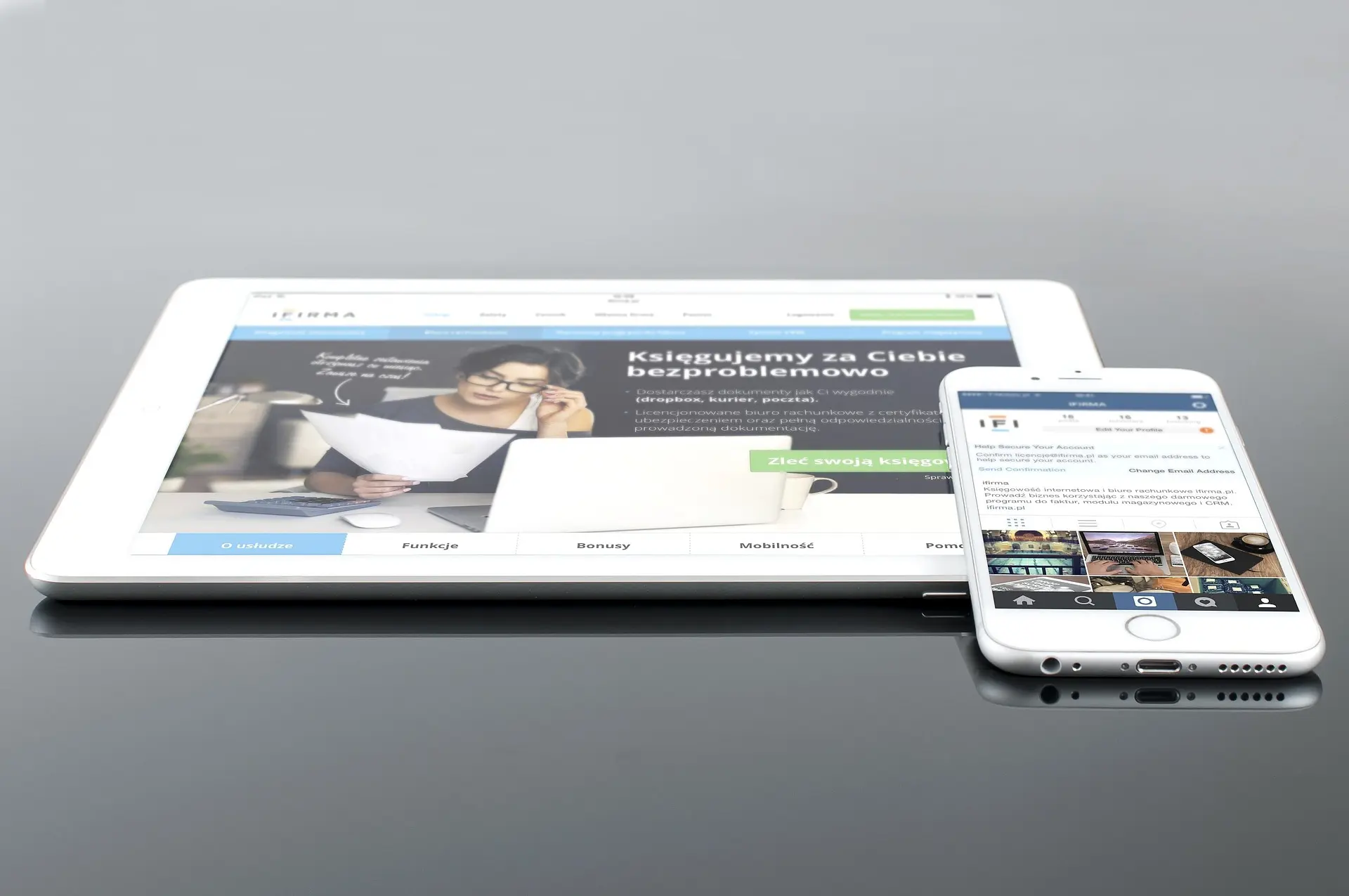 A tablet and a smartphone showcasing a responsive business website and social media feed, illustrating Launchpad Web Designs' expertise in creating modern, mobile-friendly website design for a strong online presence.