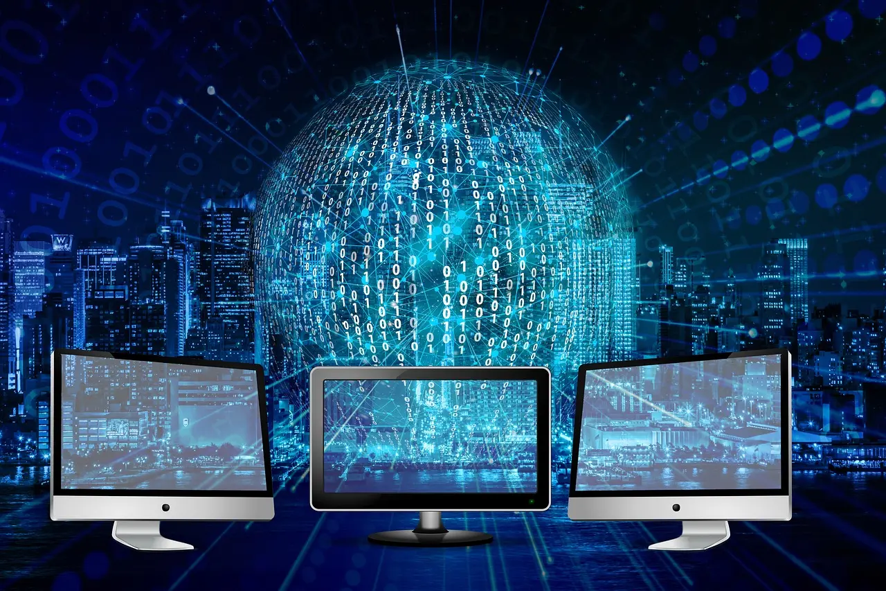 hree computer monitors displaying glowing digital cityscapes and abstract binary code, with a large, glowing blue globe made of binary digits behind them, symbolizing interconnectedness and global online presence. This image represents Launchpad Web Designs' expert guidance for domain name registration, helping businesses choose a strategic, brand-aligned, and memorable web address to establish a strong foundation for their online brand and long-term success.