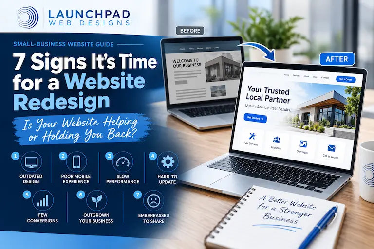 7 Signs It’s Time for a Website Redesign Website redesign guide showing seven signs a small-business website may need an update, including outdated design, poor mobile usability, slow performance, and weak conversions.