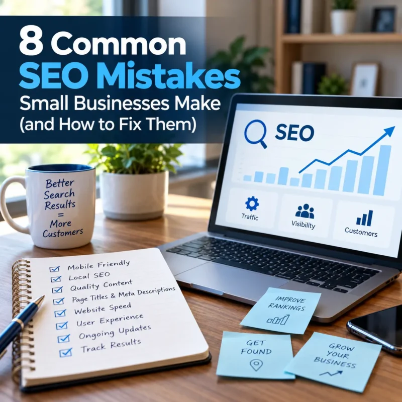 8 common small business SEO mistakes and how to fix them, illustrated with a website SEO dashboard and optimization checklist.