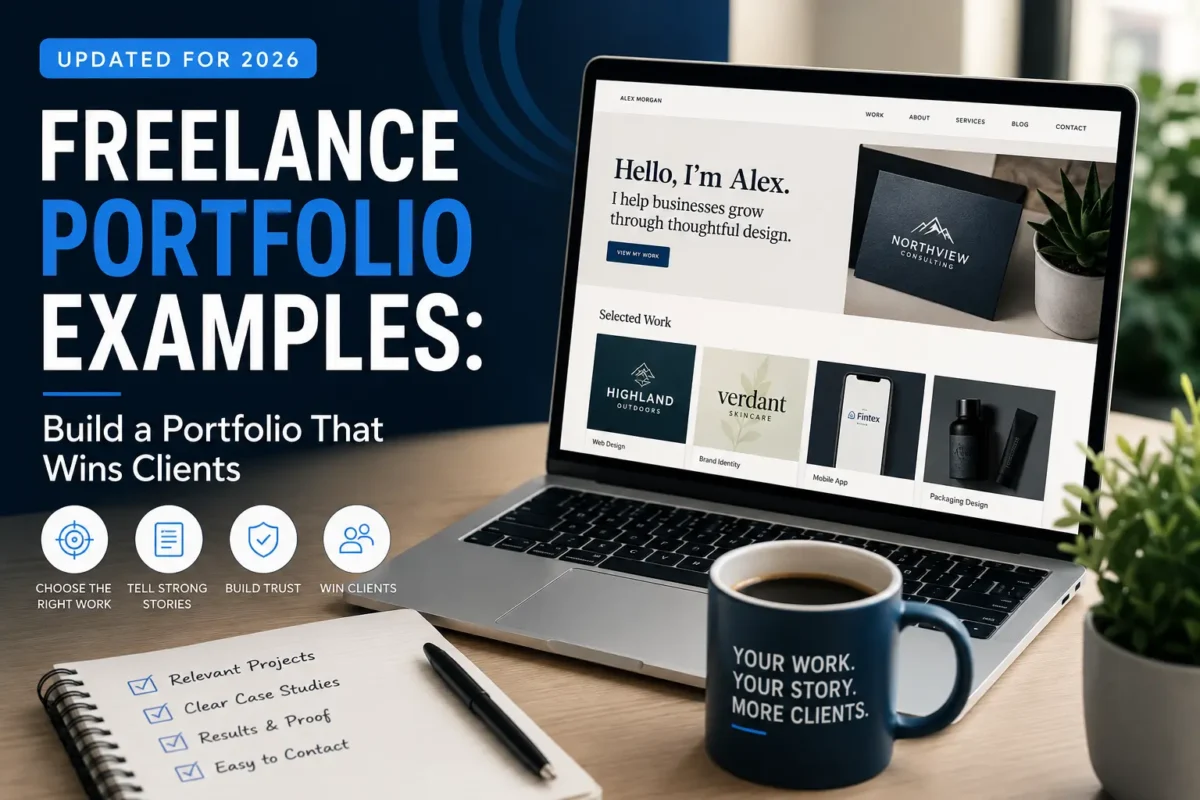 Modern freelance portfolio displayed on a laptop with a professional workspace, illustrating how to build a portfolio that wins clients in 2026.