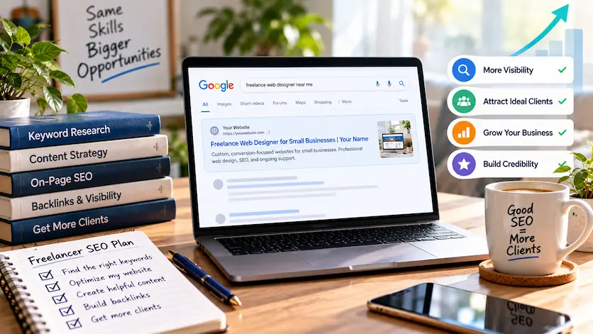 Freelancer SEO workspace illustrating keyword research, service pages, search visibility, credibility, and attracting better-fit clients.