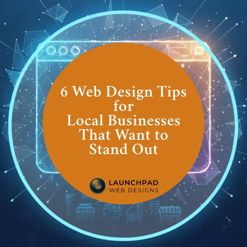 A glowing, futuristic abstract graphic with a web browser window containing icons related to web design tips for local businesses.