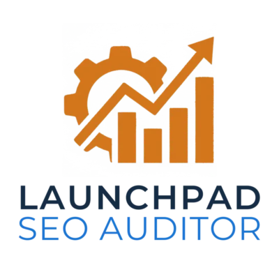 LaunchPad SEO Auditor logo. The graphic features an orange gear icon representing technical analysis, and a bar chart with an upward trend arrow signifying website growth by using the WordPress SEO Audit results.