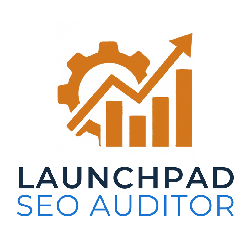 LaunchPad SEO Auditor logo. The graphic features an orange gear icon representing technical analysis, and a bar chart with an upward trend arrow signifying website growth by using the WordPress SEO Audit results.