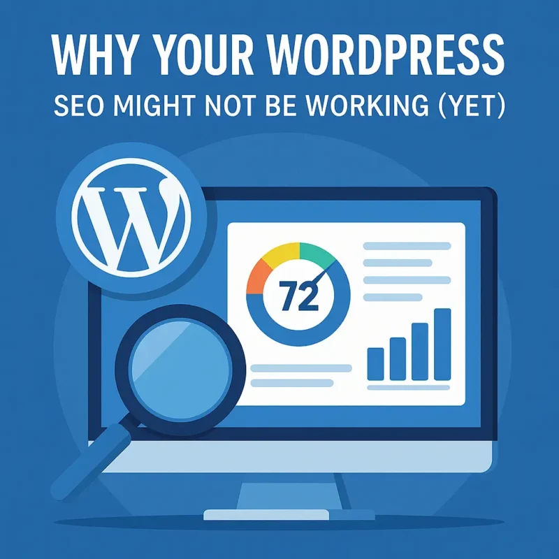 Illustration showing a computer screen with a WordPress SEO audit score and magnifying glass, representing common WordPress SEO issues and analysis.