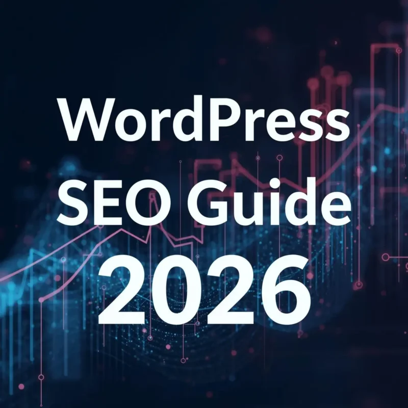 Cover image for a 2026 WordPress SEO guide featuring modern data visualization graphics.