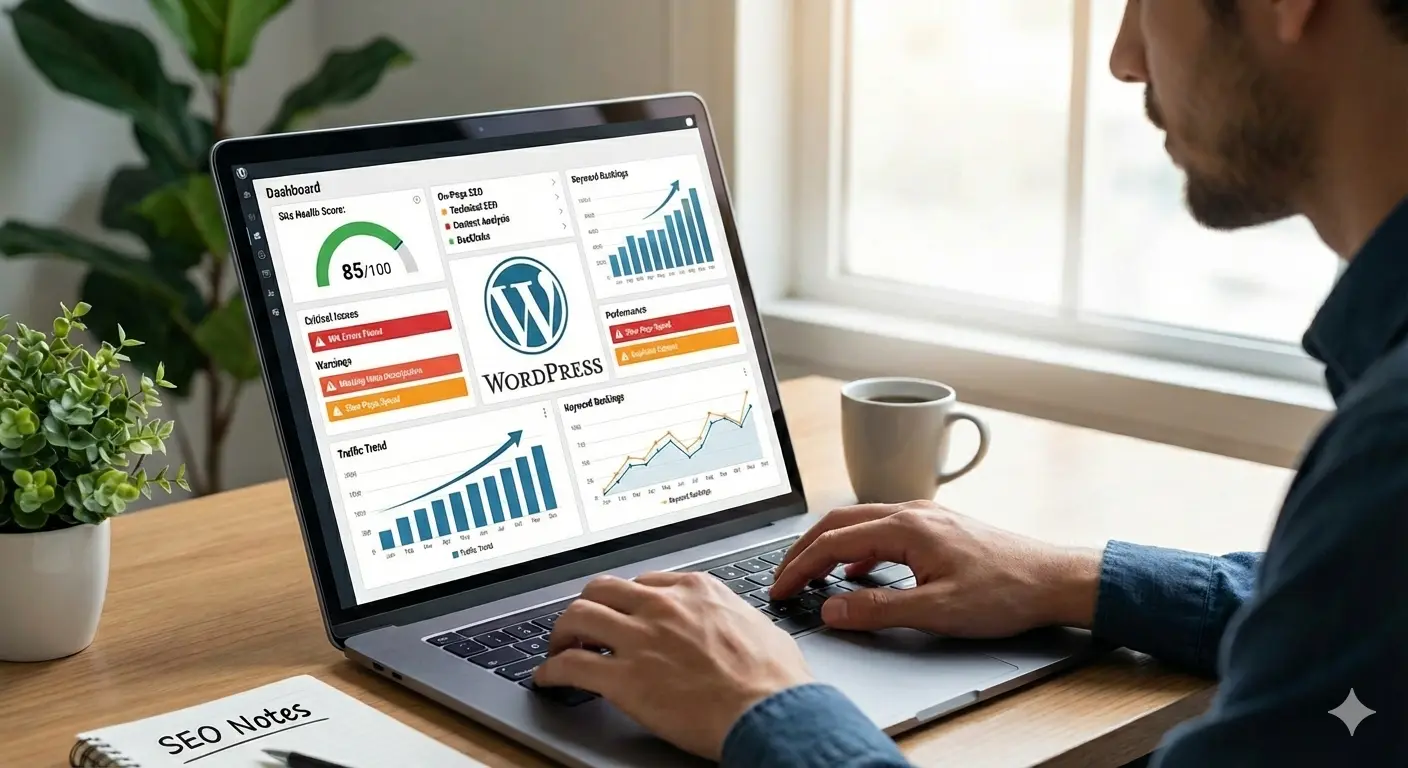 Image of a man sitting in front of a laptop running a free wordpress seo audit on his website.