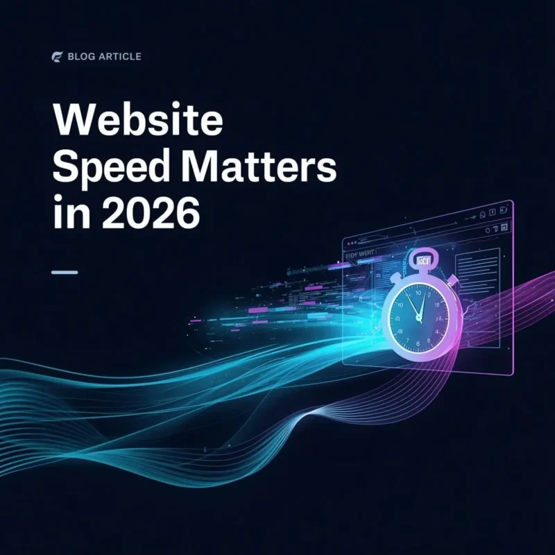Graphic for an article about 2026 website speed optimization, showing a digital stopwatch and web browser icon.