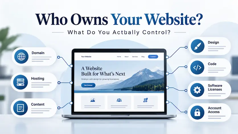 Website ownership diagram showing domain, hosting, content, design, code, software licenses, and account access.