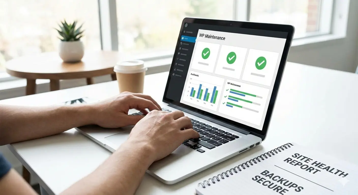 Image of someone sitting at a table with a laptop working on wordpress maintenance plans