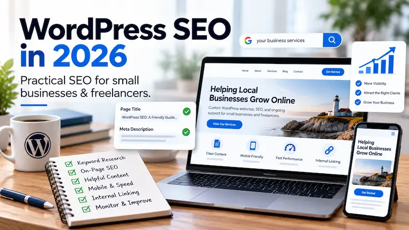 WordPress SEO workspace showing keyword research, helpful content, mobile performance, internal linking, and search visibility improvements.