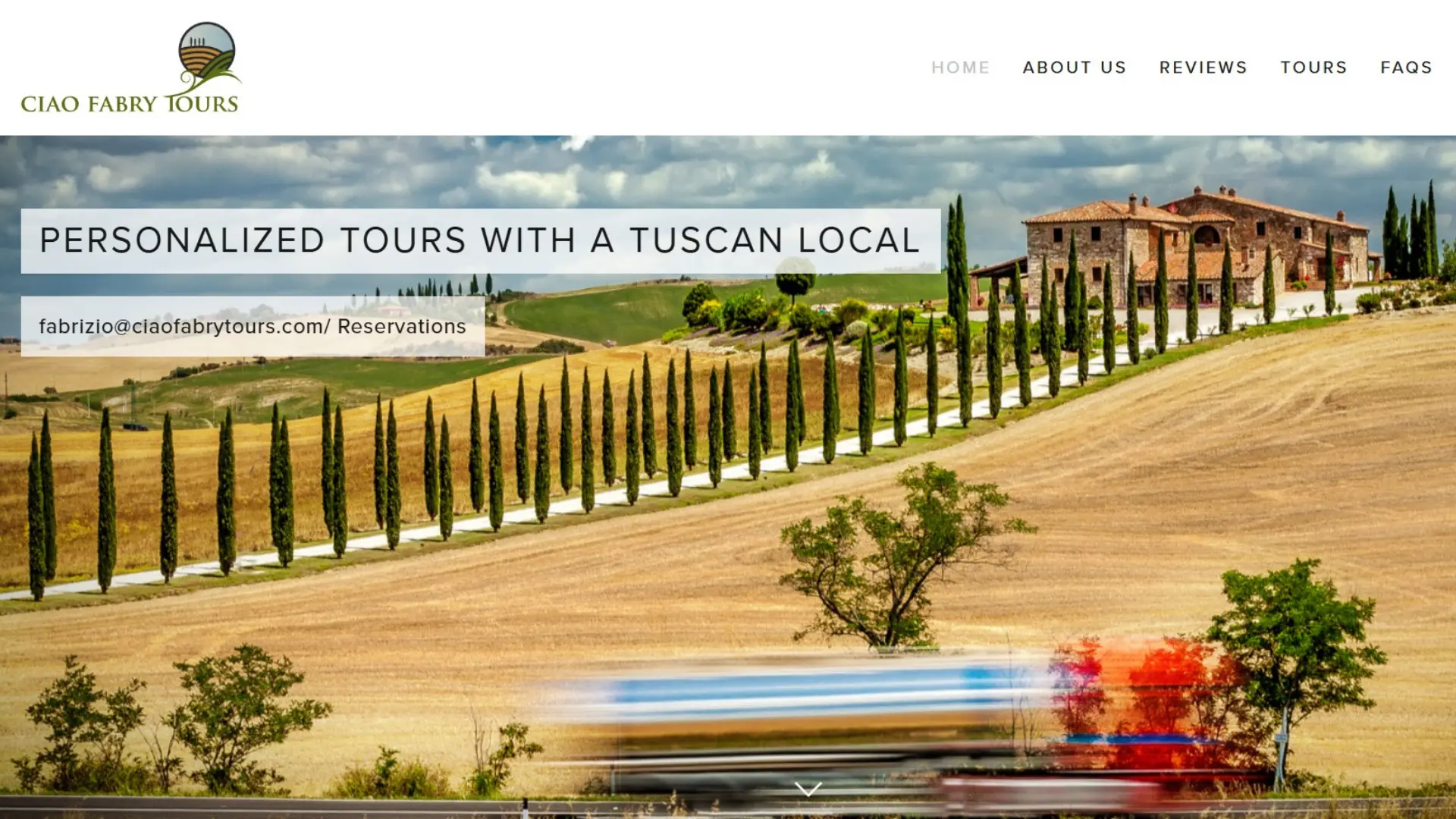 Old website design for Ciao Fabry Tours showing cluttered layout, weak hierarchy, and unclear call to action before redesign
