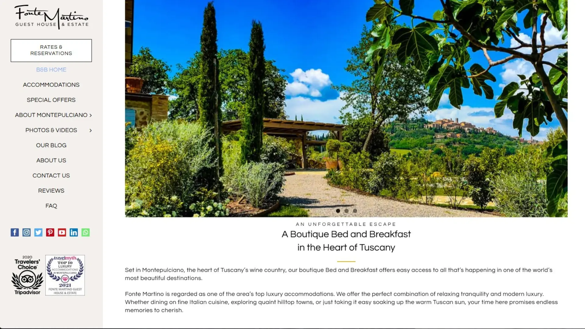 Original website design for Fonte Martino Guest House showing complex navigation, cluttered menu, and less optimized user experience before redesign