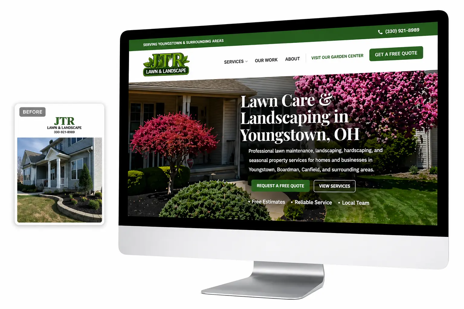 Laptop displaying a before and after WordPress website redesign by LaunchPad Web Designs, showing transformation from outdated site to modern, conversion-focused design for a small business.