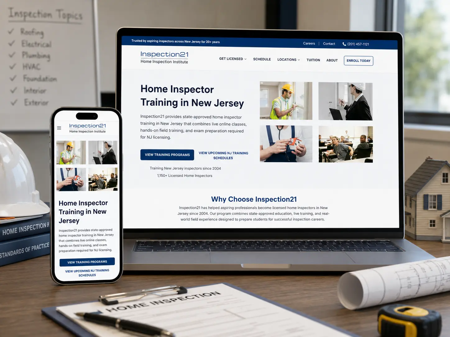 Desktop and mobile views of the Inspection21 home inspector training website with a responsive WordPress design