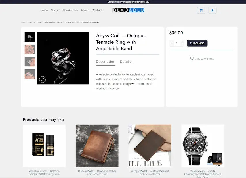 Single product screen showing the Blaq & Blu shiopping experience