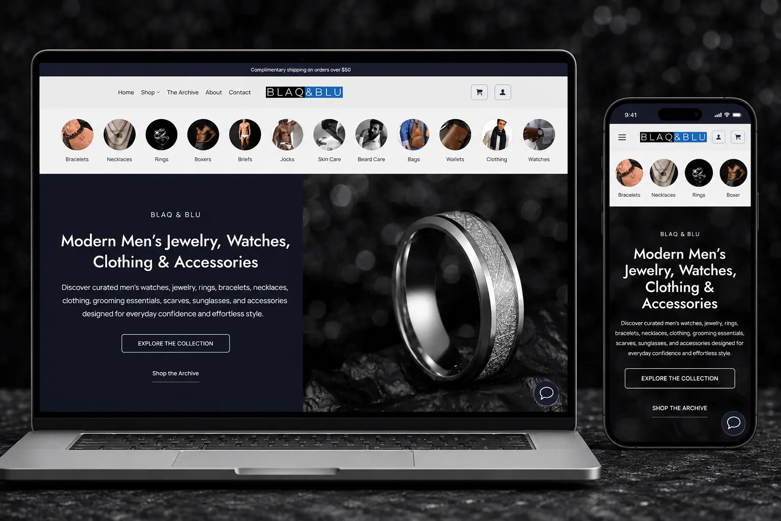 Desktop and mobile moch-up of the Blaq & Blu ecommerce website.