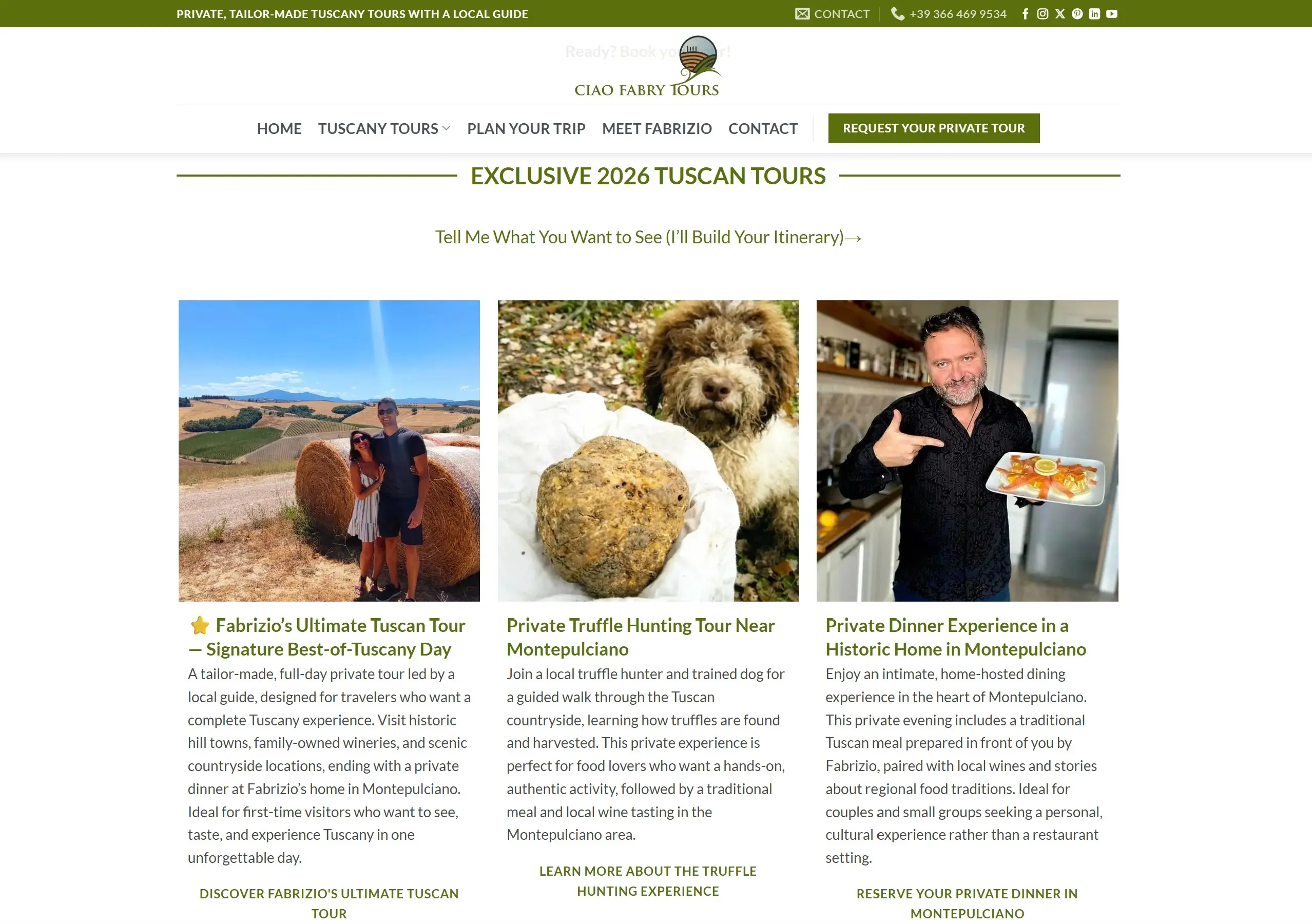Ciao Fabry Tours website showcasing private Tuscany tours, wine tastings, cooking classes, and travel experiences