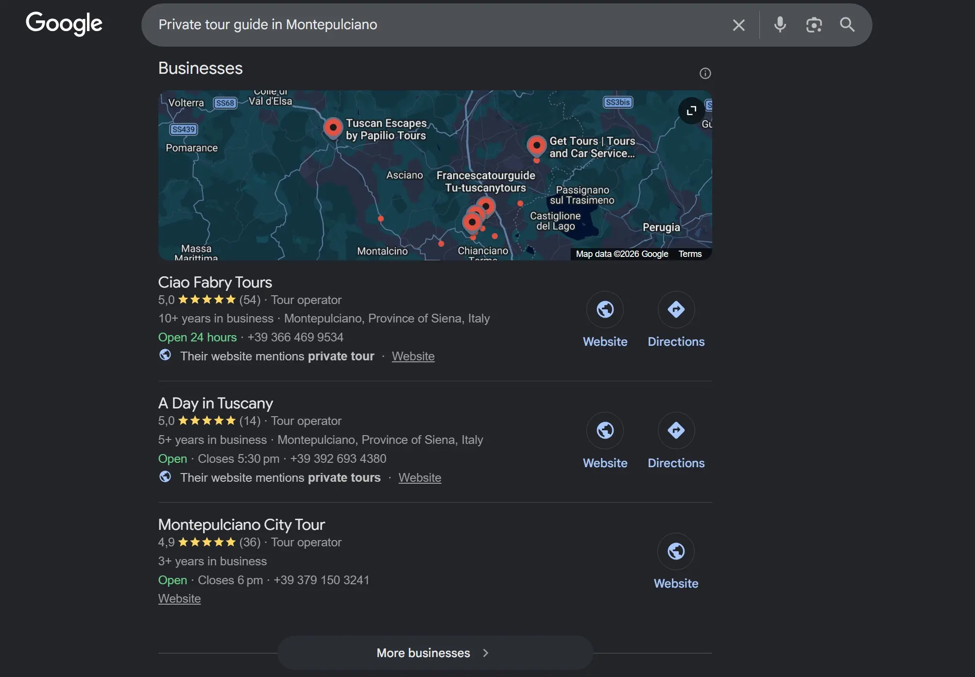 Google search results showing Ciao Fabry Tours with top rankings for Tuscany private tours and travel experiences