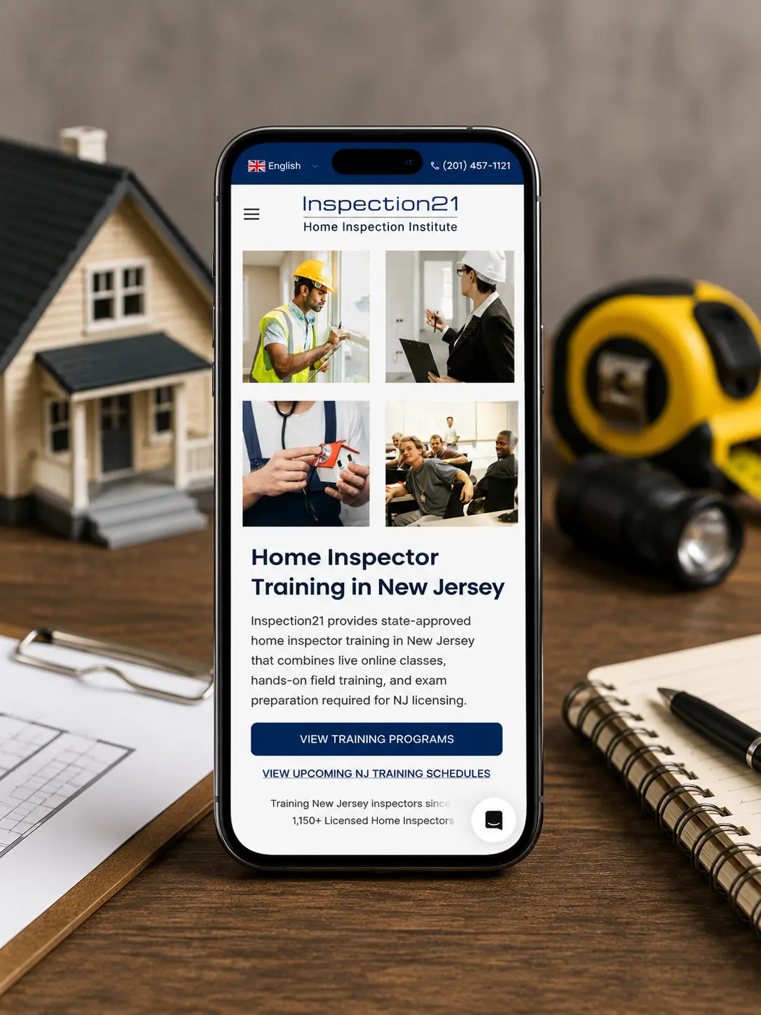 Mobile version of the Inspection21 home inspector training website designed for students on smartphones
