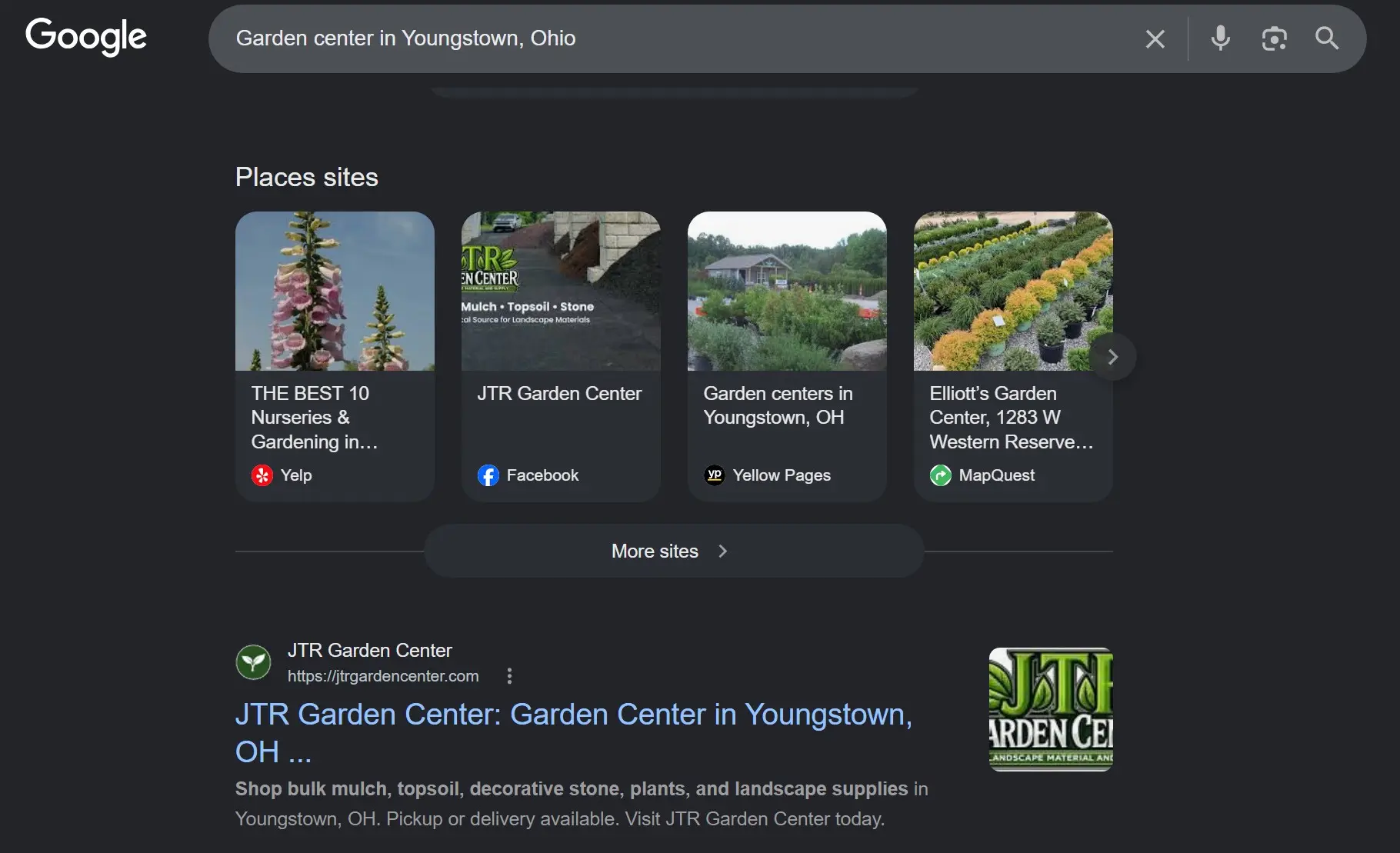 Google search results highlighting JTR Garden Center and its local landscaping and garden center services