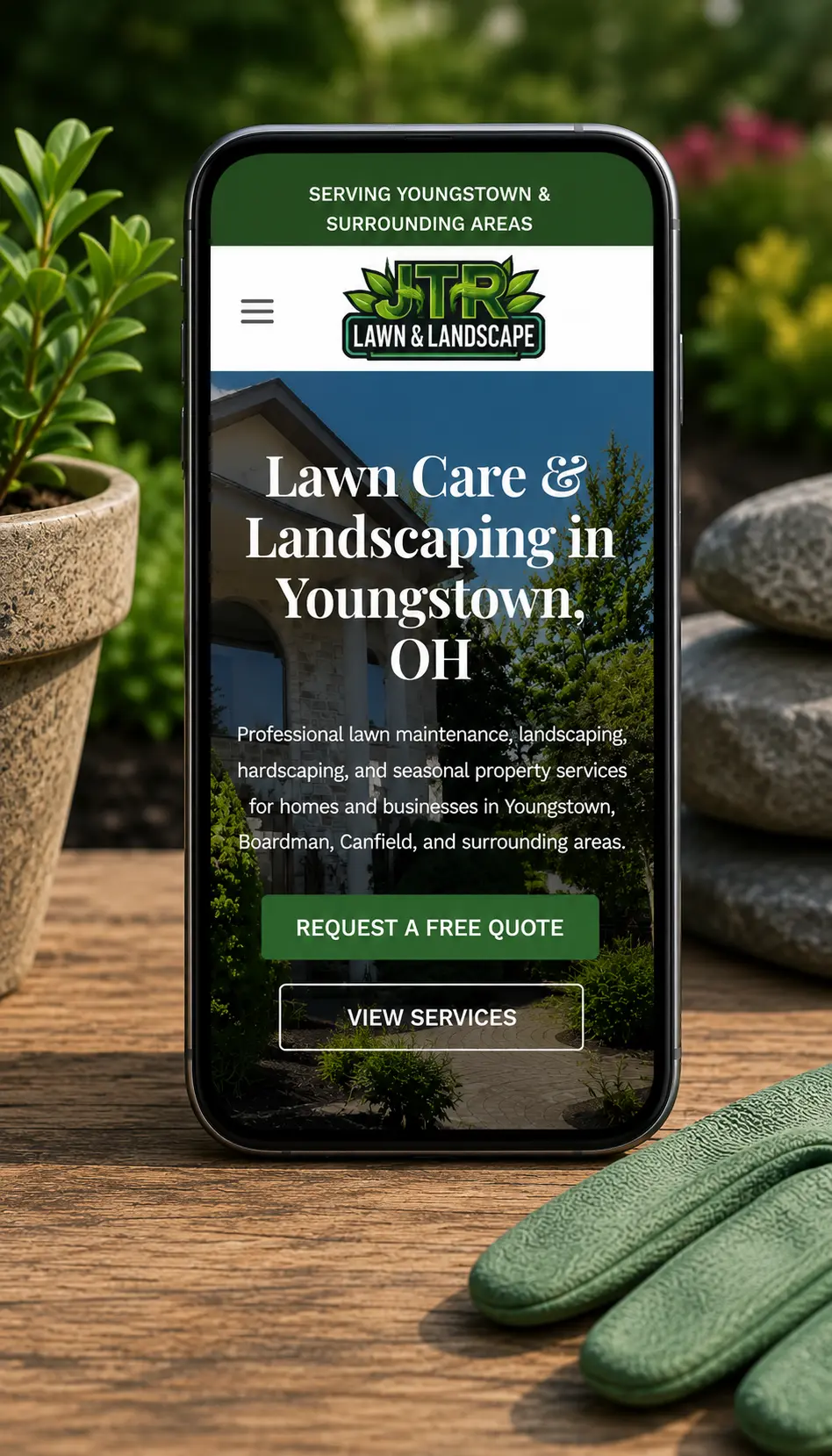 Mobile version of the JTR Lawn & Landscape website designed for homeowners to explore landscaping services on any device