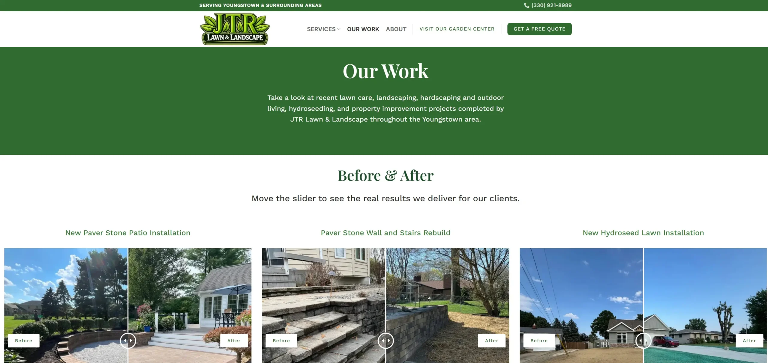 JTR Lawn & Landscape project gallery featuring completed landscaping, hardscaping, and outdoor living projects