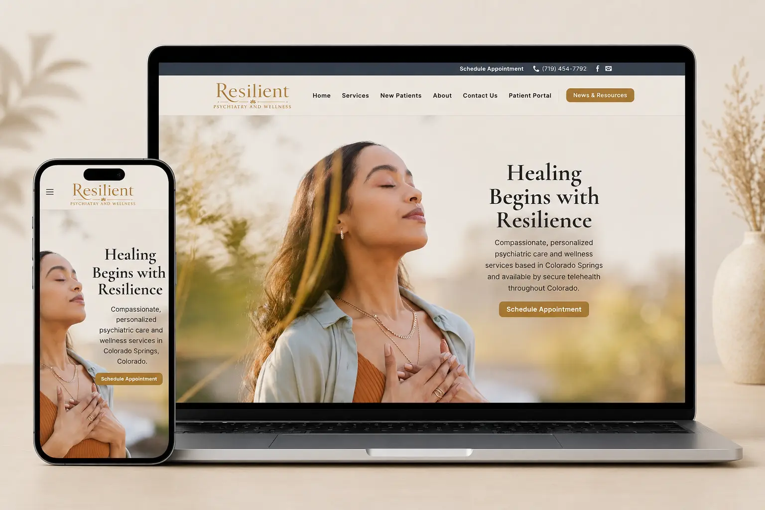 Desktop and mobile views of the Resilient Psychiatry & Wellness website designed for Colorado telehealth mental health services