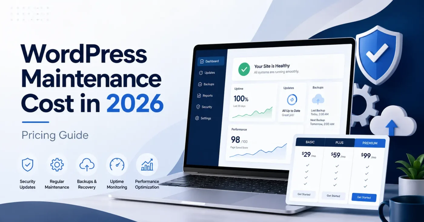 WordPress maintenance cost in 2026 pricing guide with website updates, backups, security, uptime, and performance monitoring