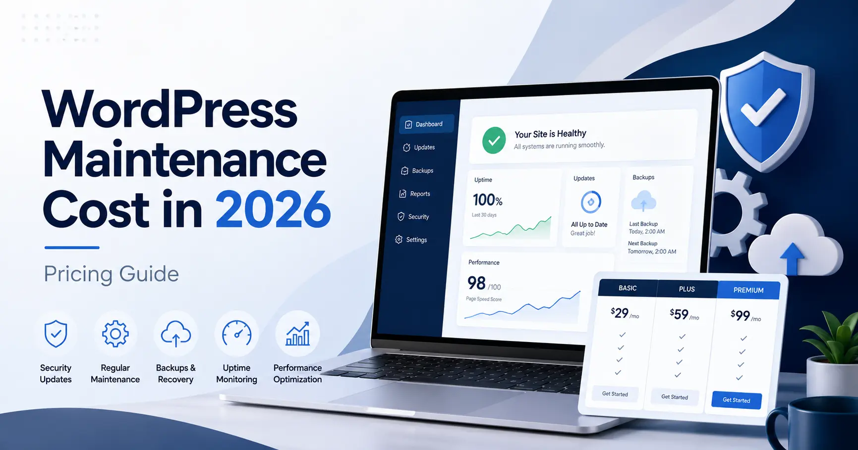 WordPress maintenance cost in 2026 pricing guide with website updates, backups, security, uptime, and performance monitoring