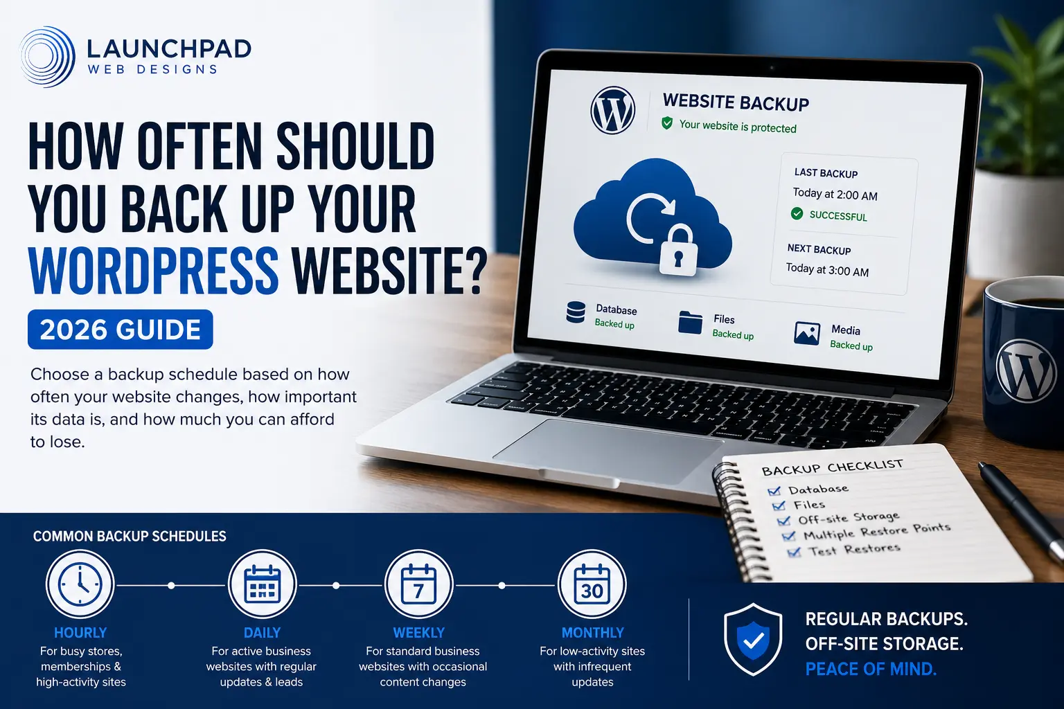 WordPress website backup schedule showing hourly, daily, weekly, and monthly restore points