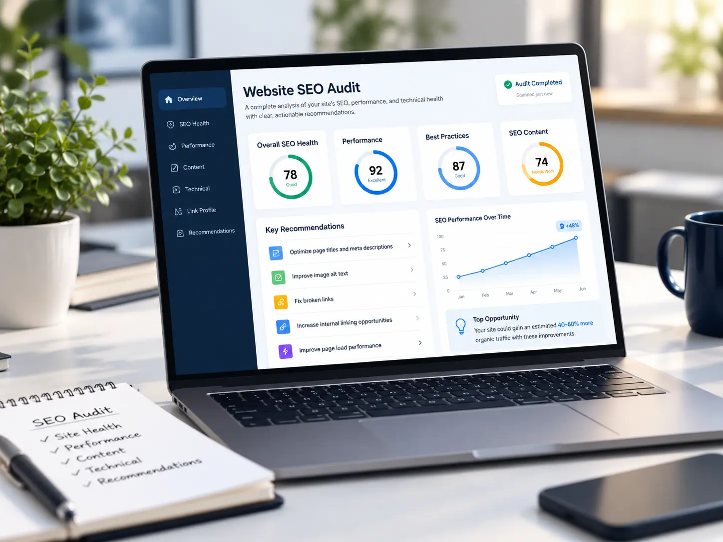 Laptop displaying a website SEO audit dashboard with site health scores, performance metrics, and actionable SEO recommendations.