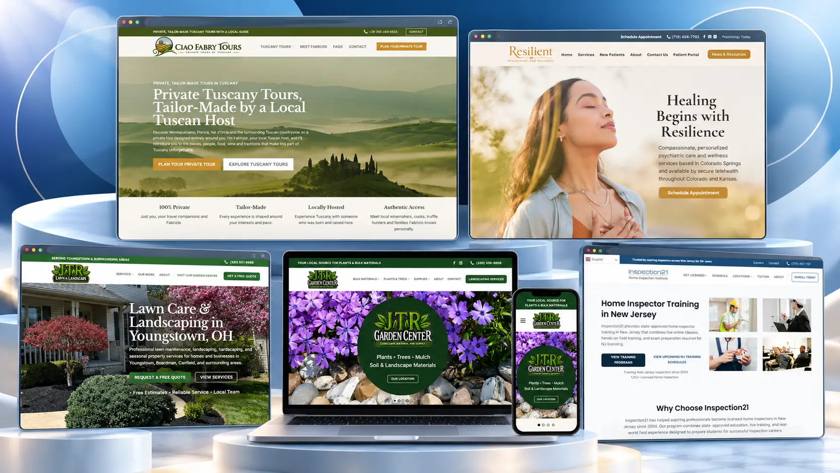 Portfolio showcase of custom WordPress websites designed by LaunchPad Web Designs for businesses in healthcare, tourism, landscaping, garden retail, and professional education.