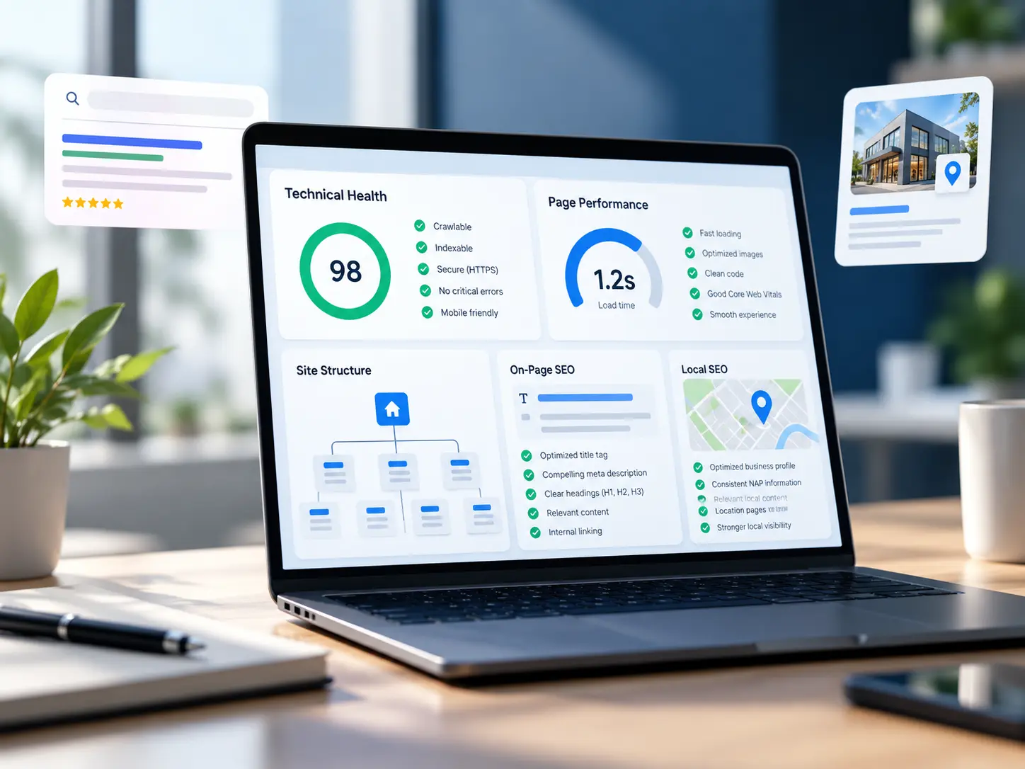 Laptop displaying a WordPress SEO dashboard with technical health, page performance, on-page SEO, site structure, and local SEO metrics.