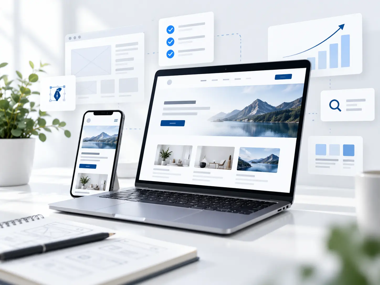 Custom WordPress website design displayed on a laptop and smartphone, illustrating responsive web development, SEO optimization, and strategic website planning.